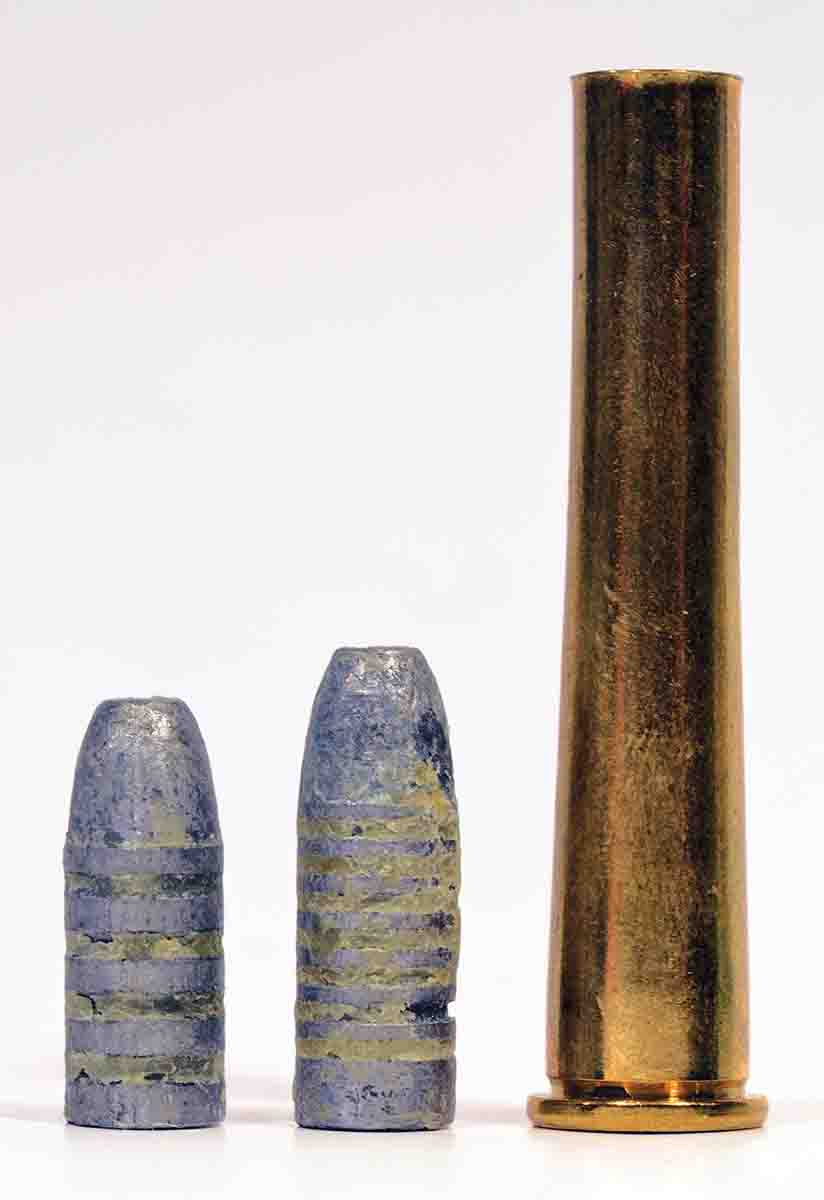 The .32-40 was originally loaded with 165-grain cast bullets, but shooters later favored heavier bullets. These bullets include (left) an Ideal 164- grain 319247 and (right) an Ideal 186-grain 319201 designed by Guy Loverin. The latter is one of the finest match bullets ever designed for the .32-40.